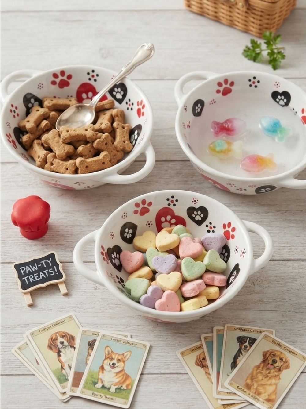 Temp-Tations Heart & Paw Ceramic Set of 3 Bowls - Red & Black Pawfetti